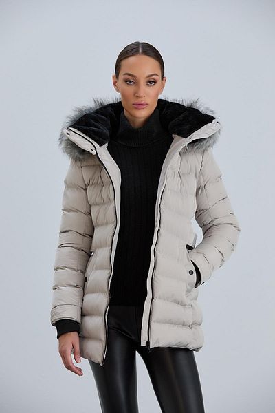 PIQUE Palton puf cu glugă detașabilă de blană artificială de damă Yasmin Ecru