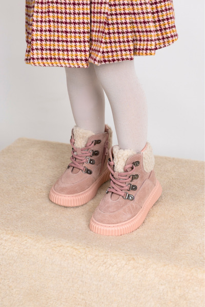 kids A more Dinos Plush Fur Collar Detailed Lace Up and Zippered Leather Girl's Boots Powder