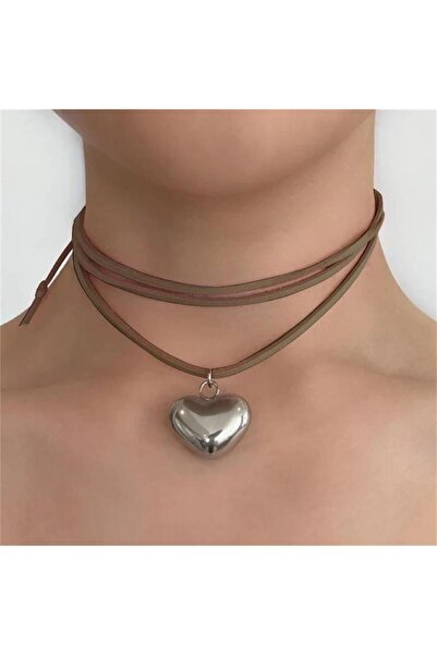 Karakedi Vintage Big Heart Brown Drawstring Silver Necklace