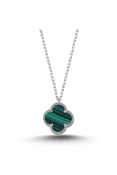 Aylider Van Cleef Yonca Gümüş Kadın Kolye Beyaz Rodyumlu Yeşil Taşlı 925 Ayar Aylider
