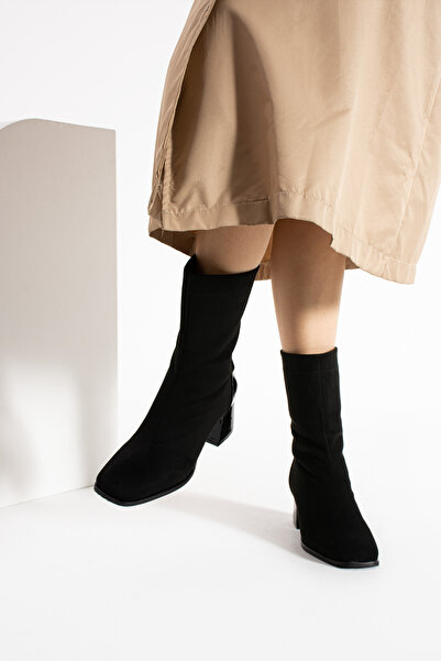 Güllü Shoes Kadın Siyah Süet Deri Detaylı Su Geçirmez Topuklu Kışlık Bot - Sıcak Tutan ve Konforlu Model