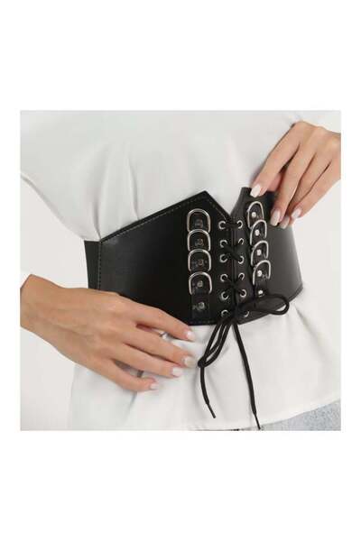 Karakedi Жіночий чорний корсет з 8 перехресними шнурівками