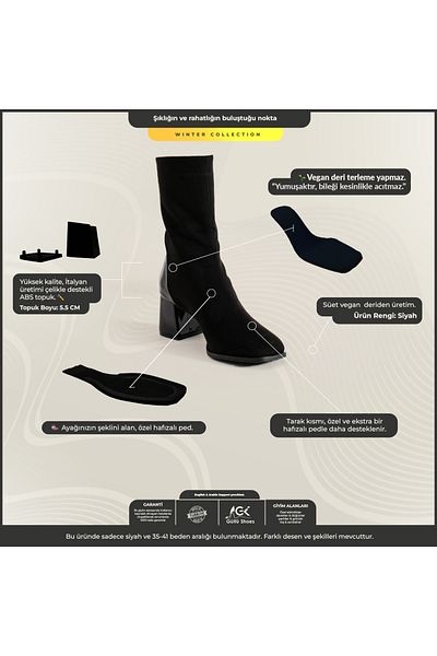 Güllü Shoes Γυναικείες μαύρες δερμάτινες μπότες με λεπτομέρειες αδιάβροχες χειμερινές μπότες με τακούνι - ζεστό και άνετο μοντέλο