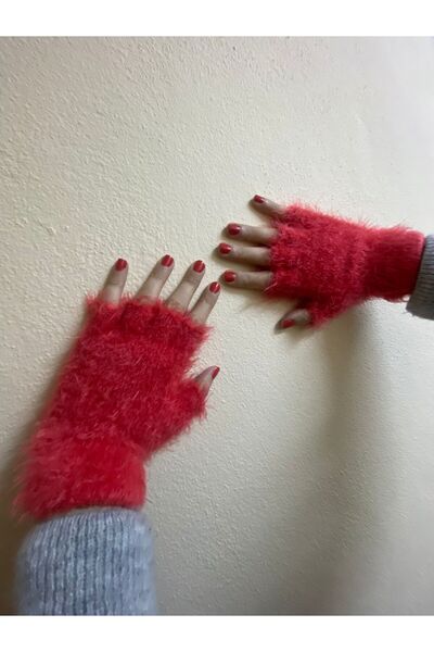 sema aksesuar Red Color Plush Cut Finger Gloves - Fingerless Gloves - Gift - New Year New Year