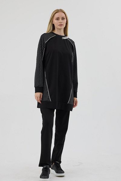 Moodbasic Set dublu cu pantaloni cu dungi cu detaliu de lanț în față - negru