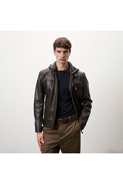 Desa Analu Koyu Kahve Erkek Kapüşonlu Deri Mont