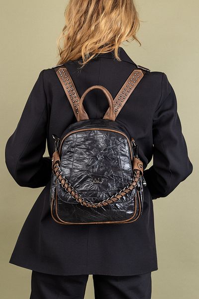 Getcho Subset Women's Black Chain Detailed Leather Backpack – Stylish, Multi-Pocket, Waterproof