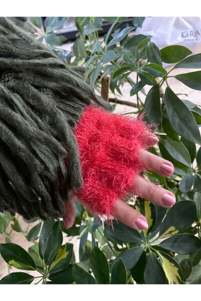 sema aksesuar Red Color Plush Cut Finger Gloves - Fingerless Gloves - Gift - New Year New Year