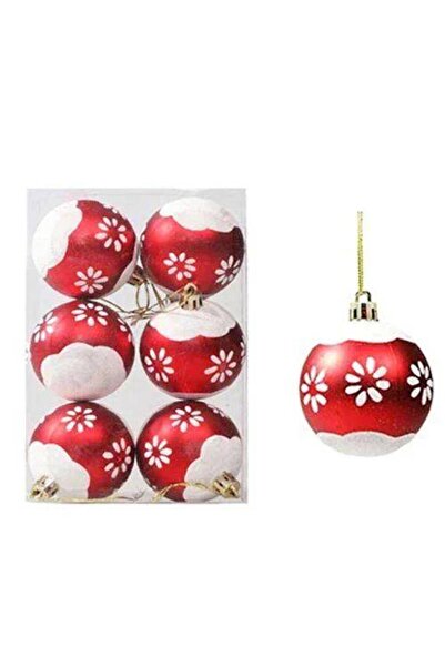 Parti Dükkanım Crveno-bela cvetna božićna kuglica 6 komada 6 cm