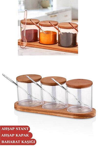 Flosoft Doğal Ahşap Kapaklı Kaşıklı 3’lü Mika Baharatlık, Ahşap Stantlı Sosluk Reçellik Baharatlık S