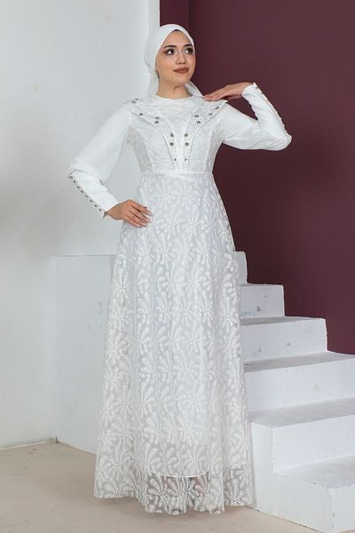 PHELDA Stone and Pearl Detailed Guipure Hijab Dress 721-white