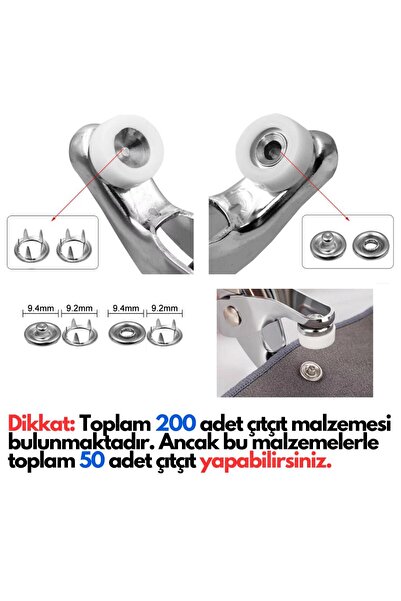 DepoMega Metal Çıtçıt Pense Seti Gömlek Kumaş Düğmeleme Pensesi 50 Adet Çıtçıt