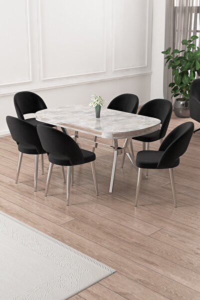 Canisa Jita Serisi 90x168 Lak Panel Rampla Gri Krom Ayak Masa Takımı ve 6 Siy...