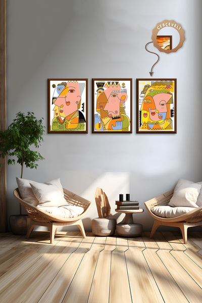 wudie Pictură decorativă din 3 piese, cu cadru din lemn, pictură abstractă, p...
