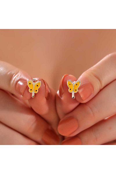 Skygo Yellow Silver Butterfly Patterned Kids Earrings