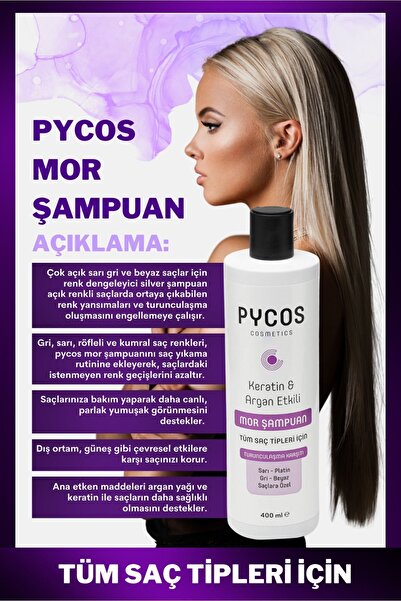 PYCOS COSMETICS Turunculaşma Karşıtı Mor Şampuan 400ml, Sarı-gri-beyaz Saçlar Için Renk Dengeleyici Silver Şampuan