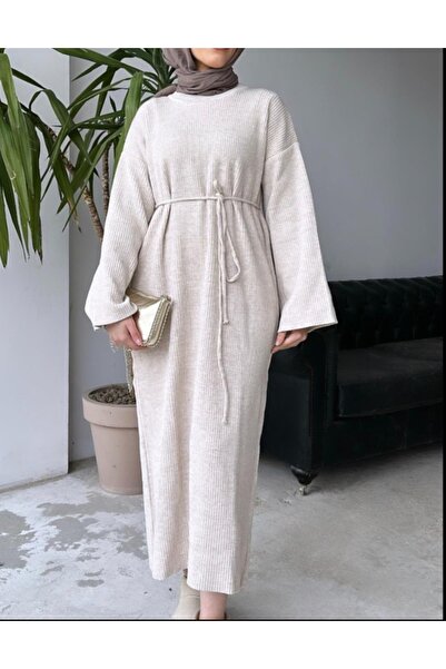 Vaniza Lace-Up Long Crew Neck Knitwear Dress