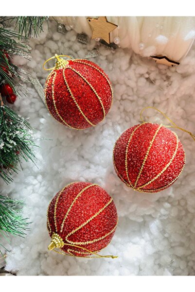 Derin Düşler Christmas Pine Tree Red Gold Chain Ball - 8 cm 3 Pack Cici Ball