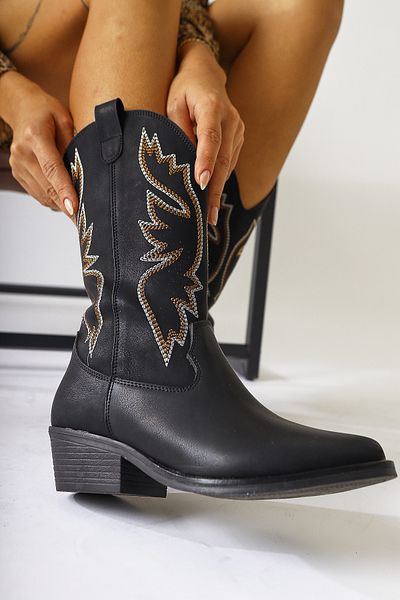 Limoya Γυναικείες μπότες Sirinya Black Pointed Toe Embroidered Western, Γυναικεία μποτάκια