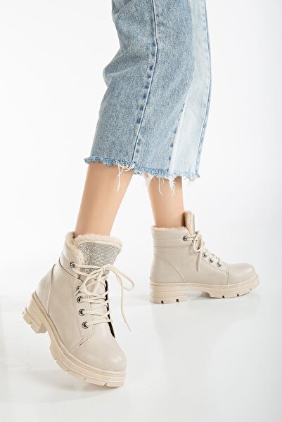 MaskButik Beige Mabel Stone Leather Boots