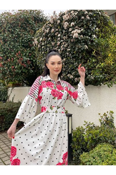 jennyfer garment ATLAS KUMAŞ GÜL VE PUANTİYE DETAYLI ELBİSE