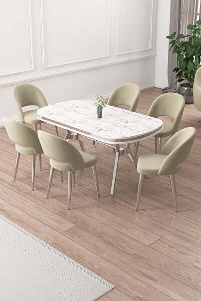 Canisa Jita Serisi 90x168 Lak Panel Beyaz Mermer Desen Krom Ayak Masa Takımı ve 6 Krem Sandalye