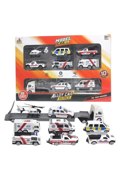 SmartFox Toy Ambulance Set - 1:64 - 8 Pieces Metal Ambulance Vehicles and Transporter Truck
