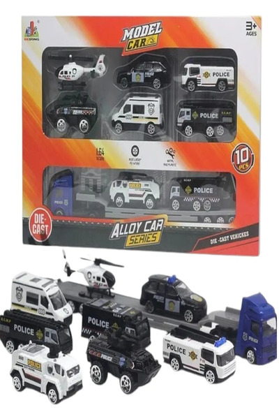 SmartFox Toy Car Set - 9 Pieces - Metal Police Vehicles and Carrier Truck
