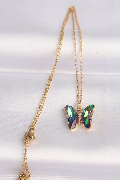 Skygo 316L Steel Chain Gold Color Chain Green Butterfly Model Colorful Zircon Stone Necklace - Tj-Bko8614