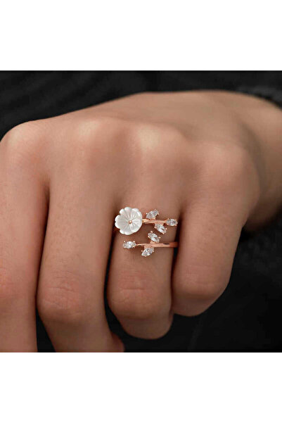 Skygo 925 Ayar Gümüş Rose Beyaz Bahar Çiçeği Yüzük
