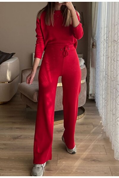 Ayfer Red Ribbed Winter Crew Neck Bottom Top Crop Blouse Pants Double Set
