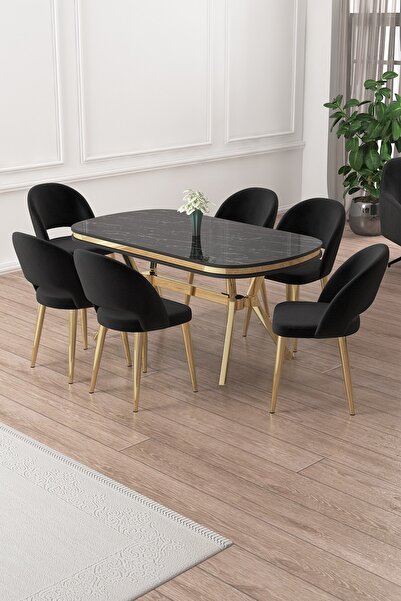 Canisa Jita Serisi 90x168 Lak Panel Siyah Mermer Gold Ayak Masa Takımı ve 6 S...