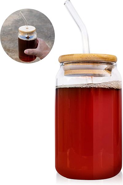 MIBRU Juice glass jar wood lid with straw 400ml