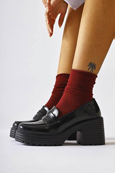 Limoya Alinne Siyah Rugan Kalın Tabanlı Platformlu Makosen, Kadın Loafer Ayak...