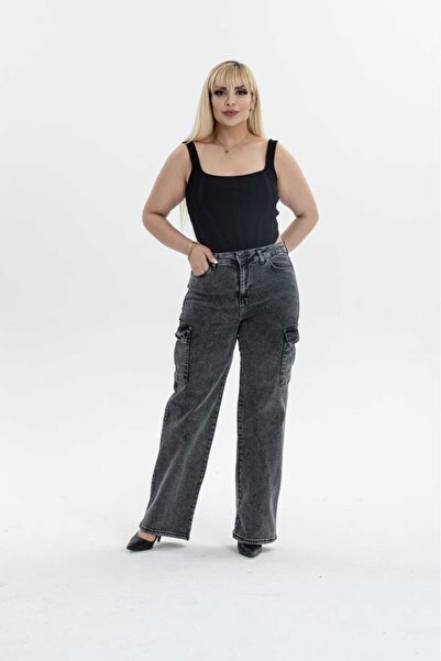 ASSO JEANS LOOSE Buzunar cargo PANTALONI ELASTICI CU TALIE ÎNALTĂ MĂRIME MARE