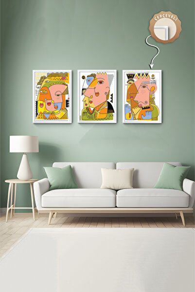 wudie Pictură decorativă din 3 piese, cu cadru din lemn, pictură abstractă, p...