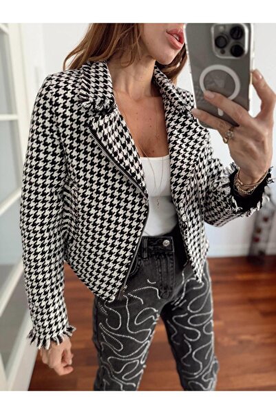 Maldia Shop Women's Zippered Tweed Fabric Houndstooth Bomber Jacket