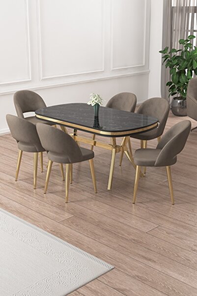 Canisa Jita Serisi 90x168 Lak Panel Siyah Mermer Gold Ayak Masa Takımı ve 6 Cappucino Sandalye