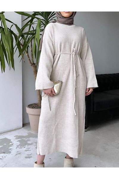 Vaniza Lace-Up Long Crew Neck Knitwear Dress