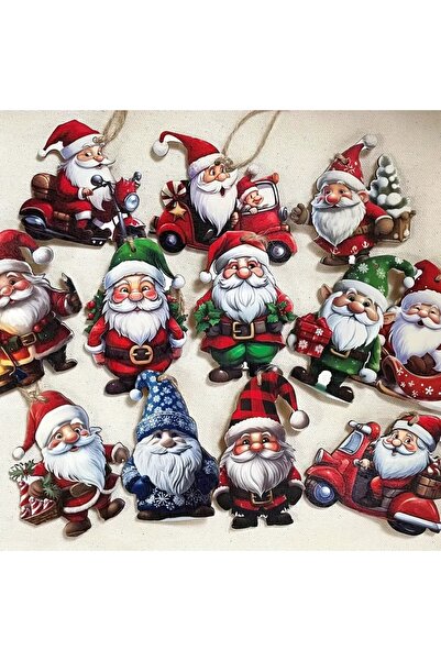 Dekor Vagonu Ahşap 12 Li Noel Baba Süsleri Yılbaşı Süsleri Noel Ağacı Çam Ağa...