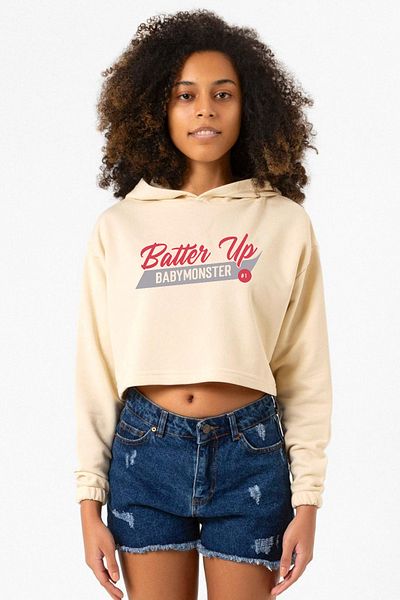 Tshirthane Beige Babymonster Batter up Women's Crop Hoodie