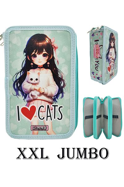 Limmy Πράσινη μολυβοθήκη XL Jumbo Model Cat Girl - Θήκη μολυβιών Organizer 3 θέσεων