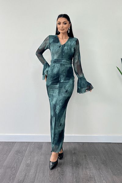 giyimmasalı Tulle Print Fabric Sleeves Flywheel Detail Pencil Dress - Turquoise