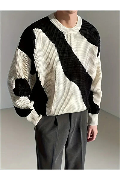 Tarz Cool Men's Black-White Regular Fit Knitwear Sweater