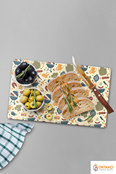 Ortakçı Design Barbekü Desenli | Temperli Cam Kesme Tahtası - Cam Kesme Tablası 30*40 Cm