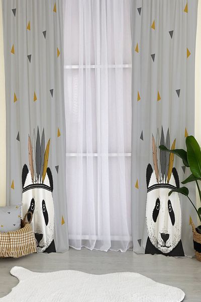 Lolla Cute Panda Gray Background Curtain 189