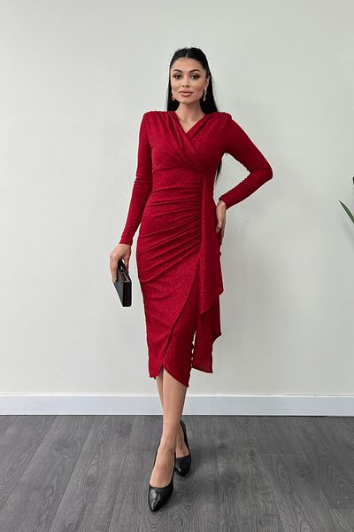 giyimmasalı Red Glitter Pencil Dress - Flounce and Drawstring