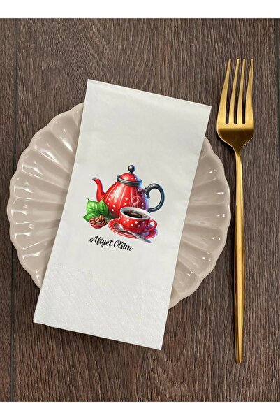 Hediyenza Kırmızı Çay Takımı Desenli Afiyet Olsun Baskılı Sunum Peçetesi 20'li