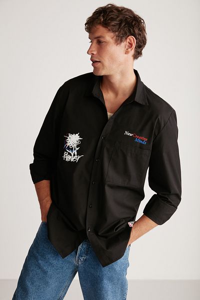 GRIMELANGE Milton Men's - Embroidered Black Thick Textured Shirt, 100% Cotton, Regular Fit