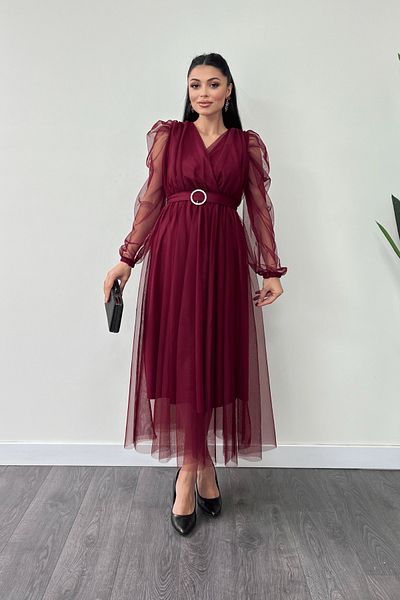 giyimmasalı Tulle Fabric Double Breasted Neck Stone Belt Detail Dress - Bordo